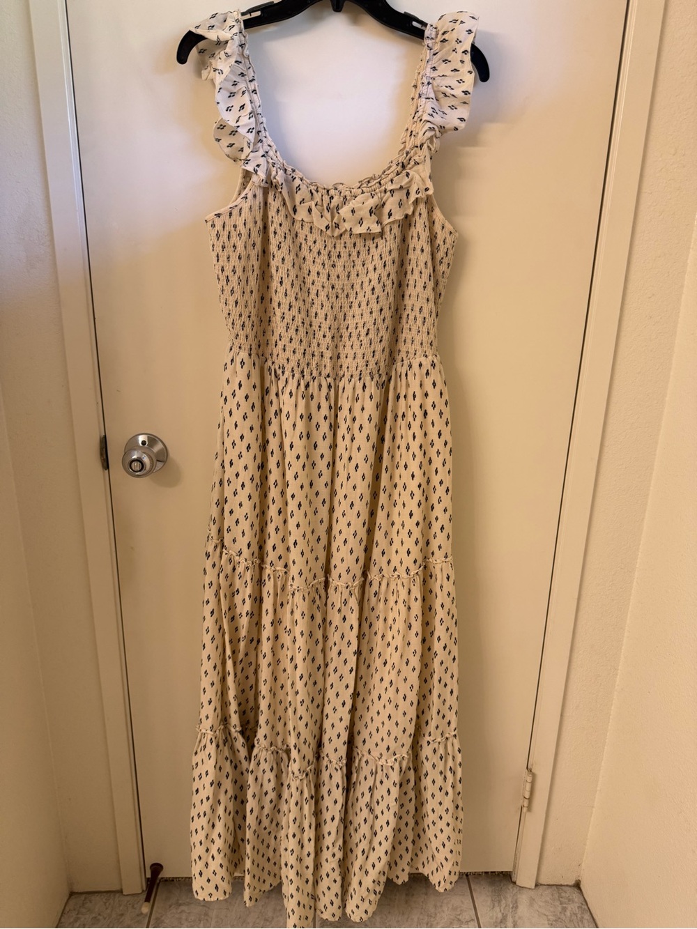 Old Navy Cream Maxi Dress with Navy Print and Ruffle Straps